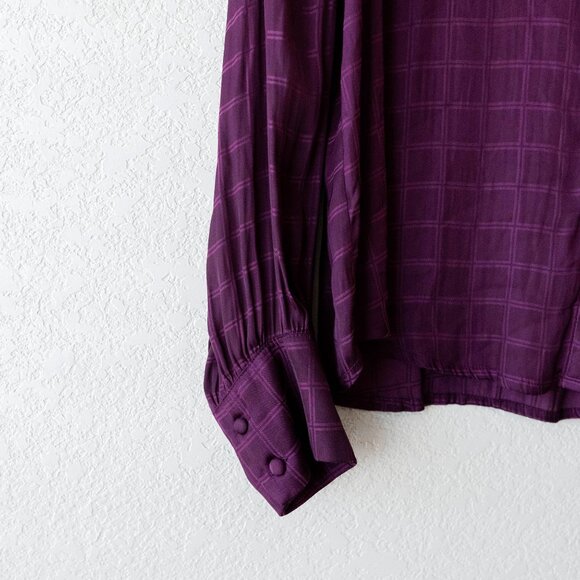 Vince Camuto Plum Grid Button-Up Blouse Size M – Long Sleeve Sheer Dress Shirt - Picture 3 of 6